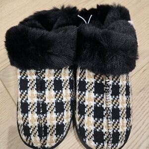 Black and Tan Plaid Faux Fur Slippers